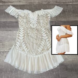 Saint + Secrets Dreamy Off Shoulder Mini Dress Womens M White Lace Pleated Hem